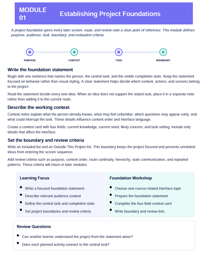 A digital document page titled 'Module 01 Establishing Project Foundations' with a white background, purple header, and blue content sections outlining project management concepts like purpose statement, context, task, boundary, and review questions.