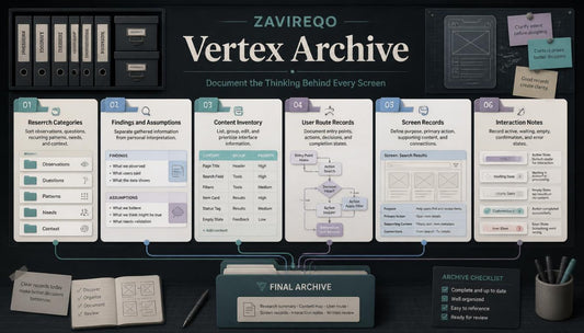 A digital presentation slide template titled 'Vertex Archive' by ZAVIREQO, designed for UX/UI documentation. The template features a dark charcoal background with a chalkboard texture, displaying various white and light blue cards for research categories, findings, user flow diagrams, and screen records, along with mockup elements like binders, sticky notes, and a pen cup.