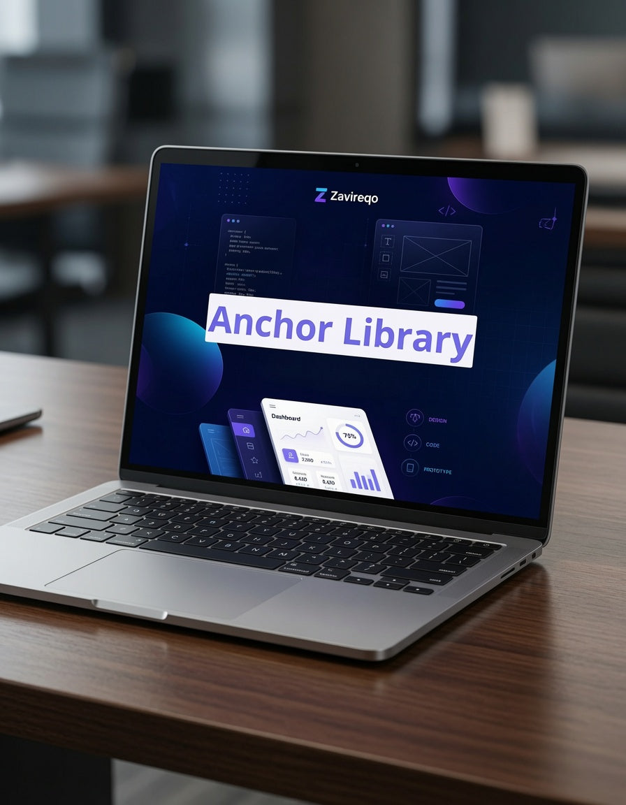 An open silver laptop sits on a wooden desk, displaying a software interface with the text 'Anchor Library' and the Zeviropp logo on the screen.