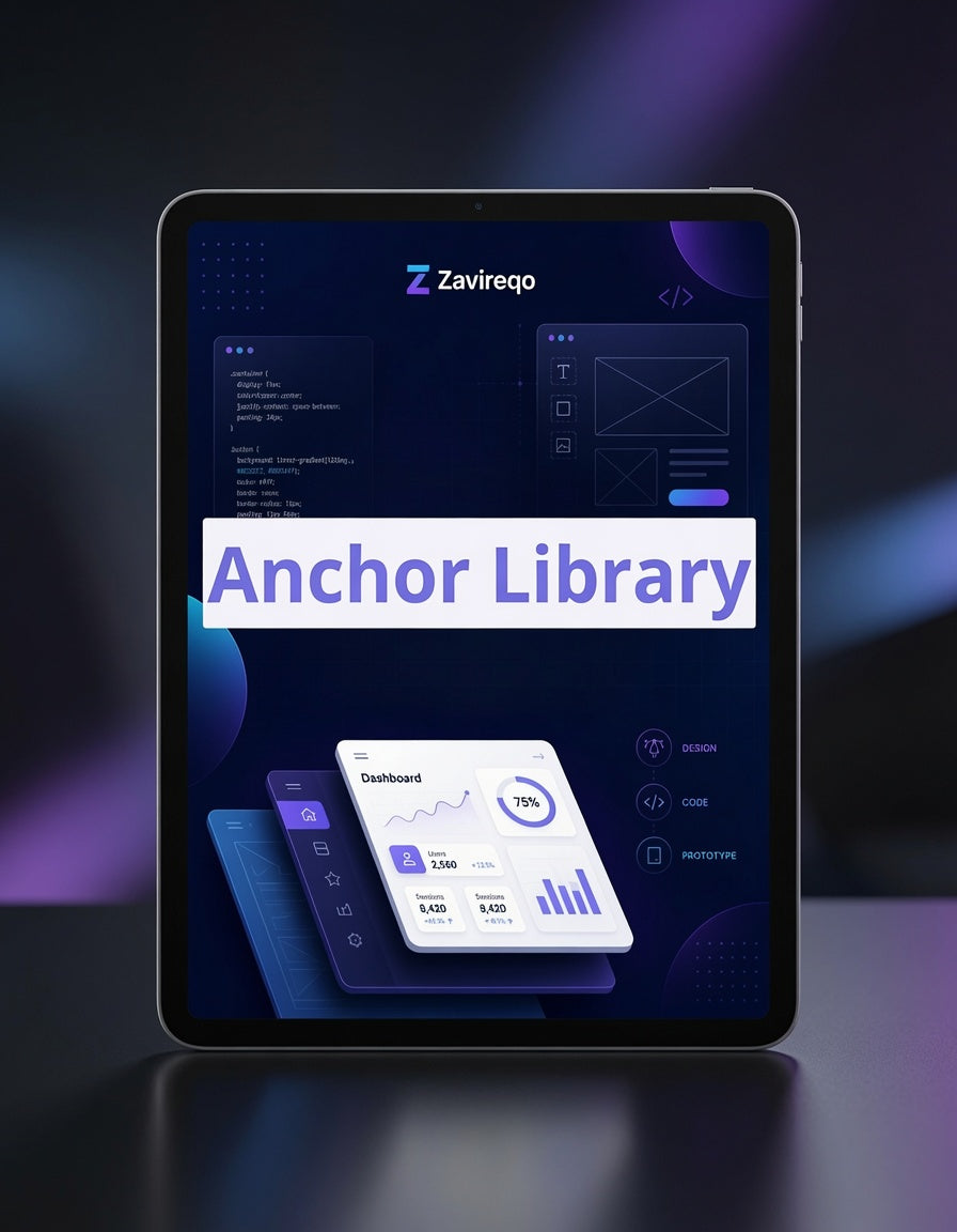 A tablet device displaying a software interface titled 'Anchor Library' under the brand name 'Zavireo', shown on a dark reflective surface with purple ambient lighting.