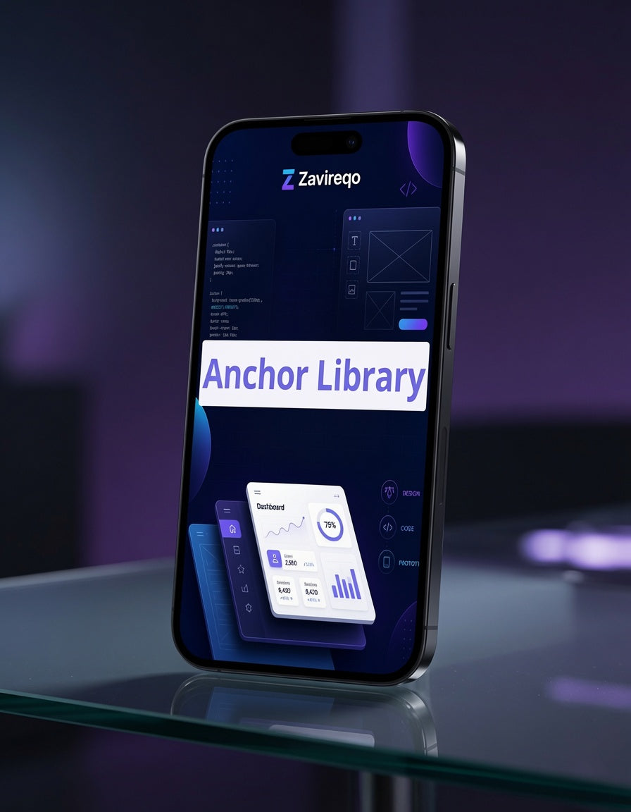 A smartphone displayed upright on a glass surface, showing a dark software dashboard interface with the text 'Anchor Library' and the brand name 'Zavireo' at the top.