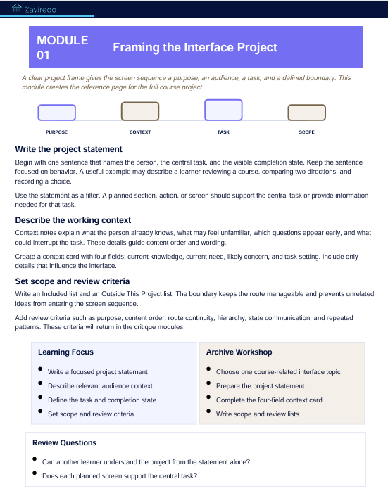 A digital screenshot of an educational module page titled 'Module 01 Framing the Interface Project' with a white background, purple header, and black text outlining project planning fields and review questions.