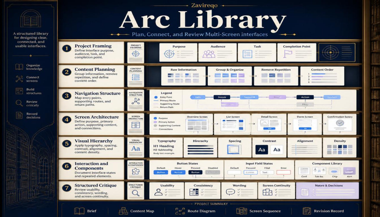 A digital slide or poster titled 'Arc Library' with a dark navy background and multiple beige rectangular panels arranged in a structured layout. The design includes icons, text headings, and diagram-like boxes related to software or interface development, with the name 'Zaviro' at the top.