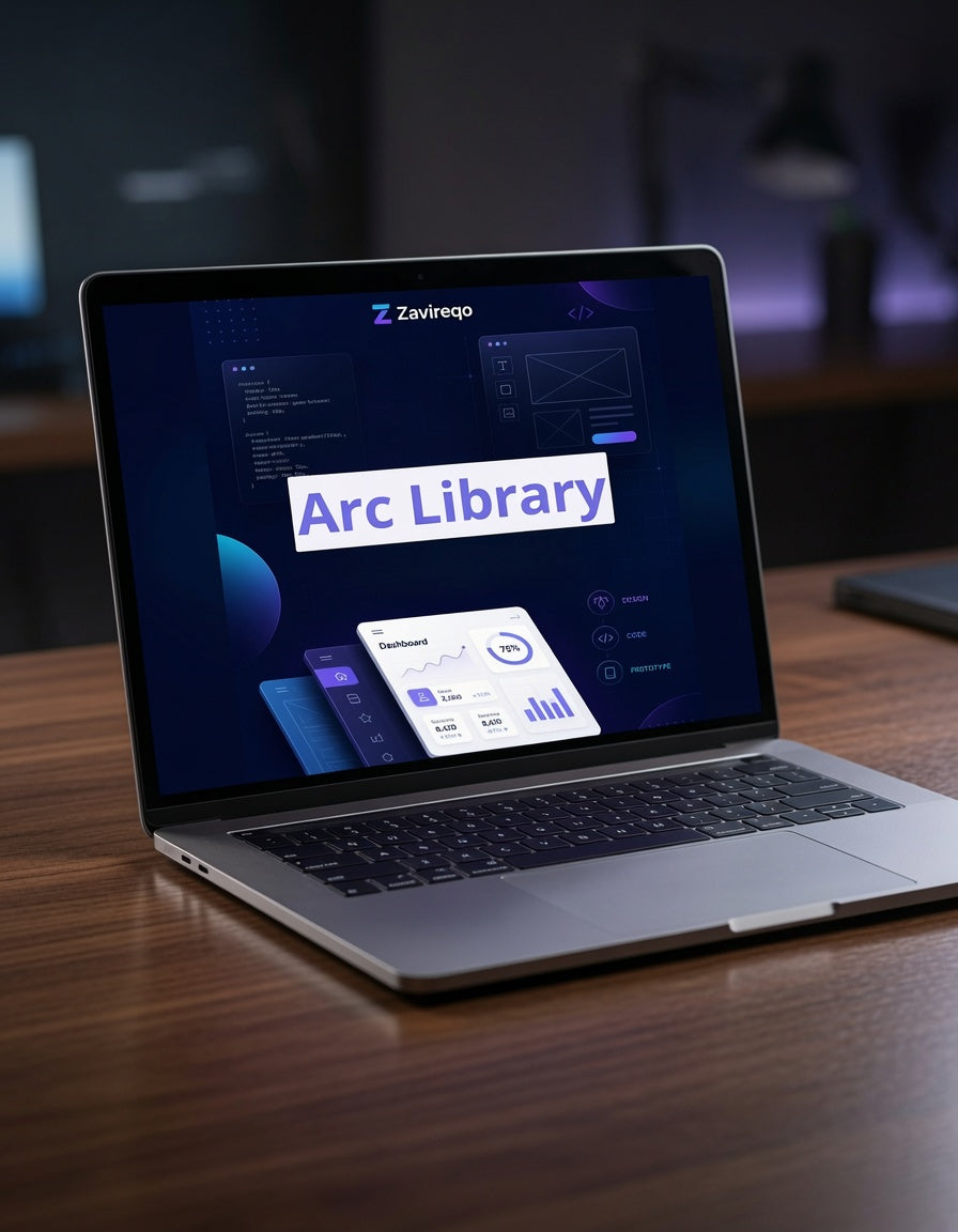 An open silver laptop on a wooden desk displaying a software interface with the text 'Zavveep' and 'Arc Library' on the screen, with a blurred office background.