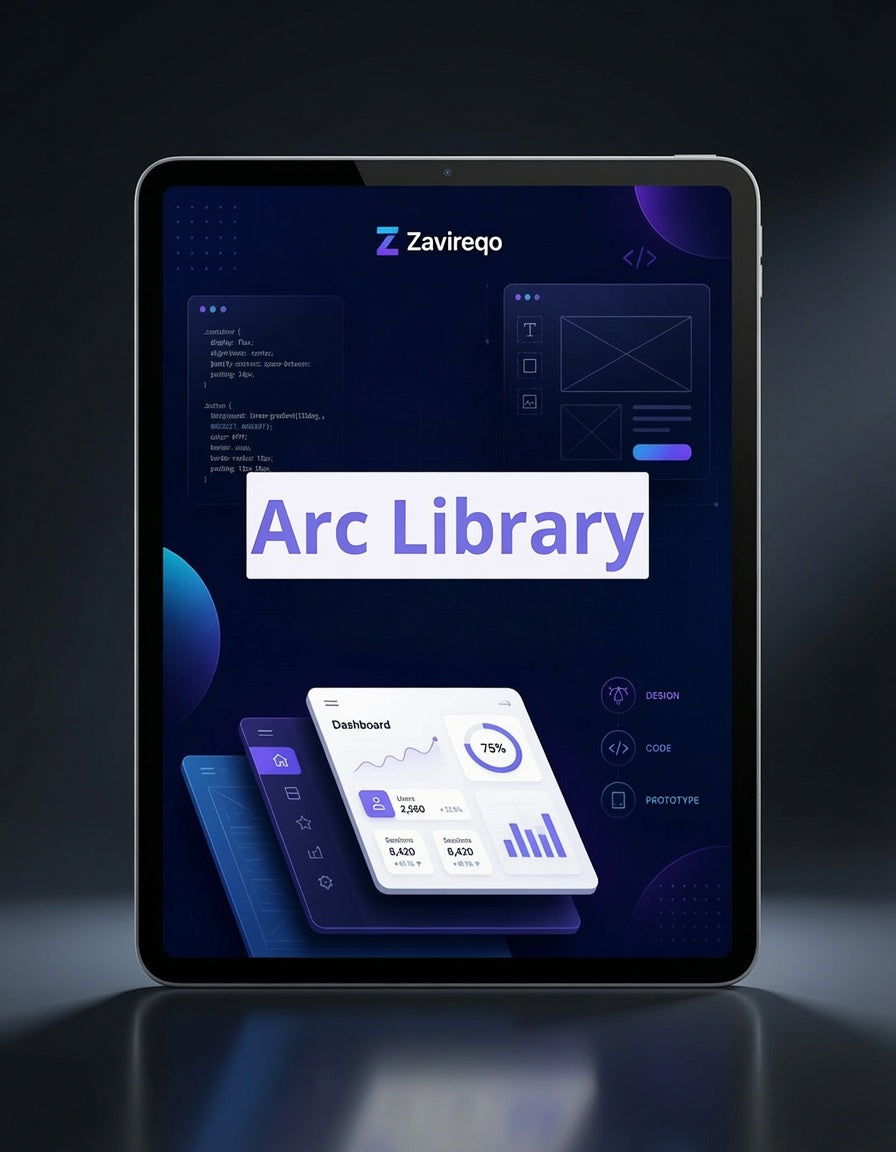 A tablet device shown from the front on a dark reflective surface, displaying a software interface with the text 'Arc Library' and the brand name 'Zavireo' at the top.
