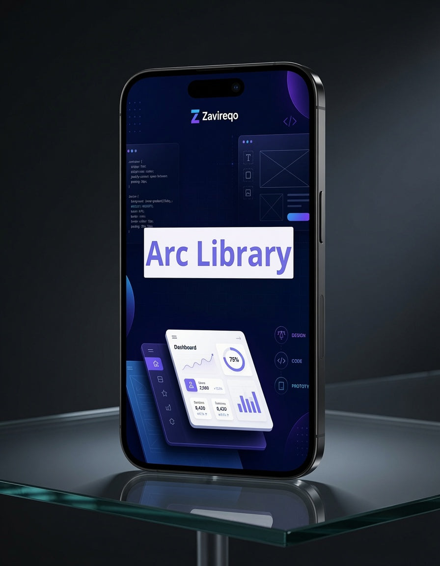 A smartphone displayed upright on a glass shelf against a dark studio background, showing a digital app interface with the text 'Arc Library' and a dashboard card.