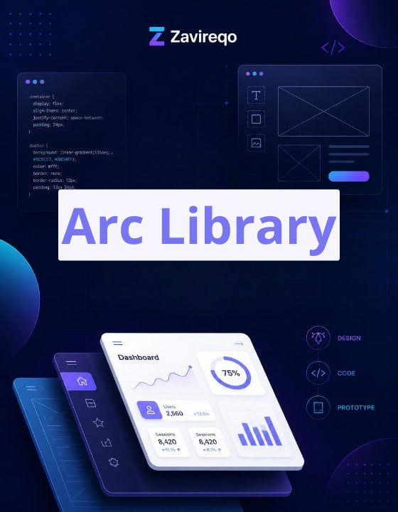 Promotional graphic for 'Arc Library' by Zavireqo, featuring a white tablet displaying a dashboard with charts and graphs, layered over dark blue digital interface mockups and code snippets.