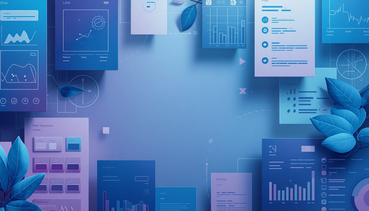 Abstract blue digital background with floating charts, graphs, data panels, and stylized leaves in a modern tech or analytics theme.