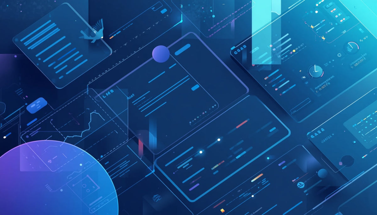 Abstract digital illustration of floating translucent dashboard panels with charts, graphs, and data visualizations in glowing blue and cyan tones over a dark tech background.