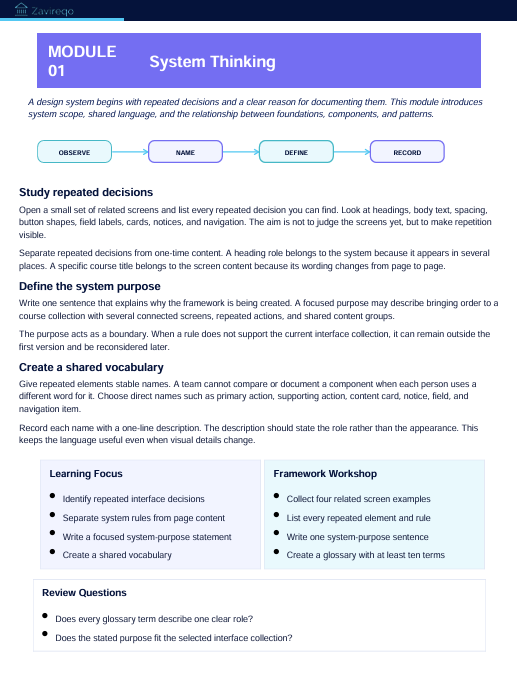 A digital document page titled 'MODULE 01 System Thinking' with a white background, a purple header, and multiple colored boxes containing text about studying repeated decisions, defining the system purpose, creating a shared vocabulary, learning focus, framework workshop, and review questions.