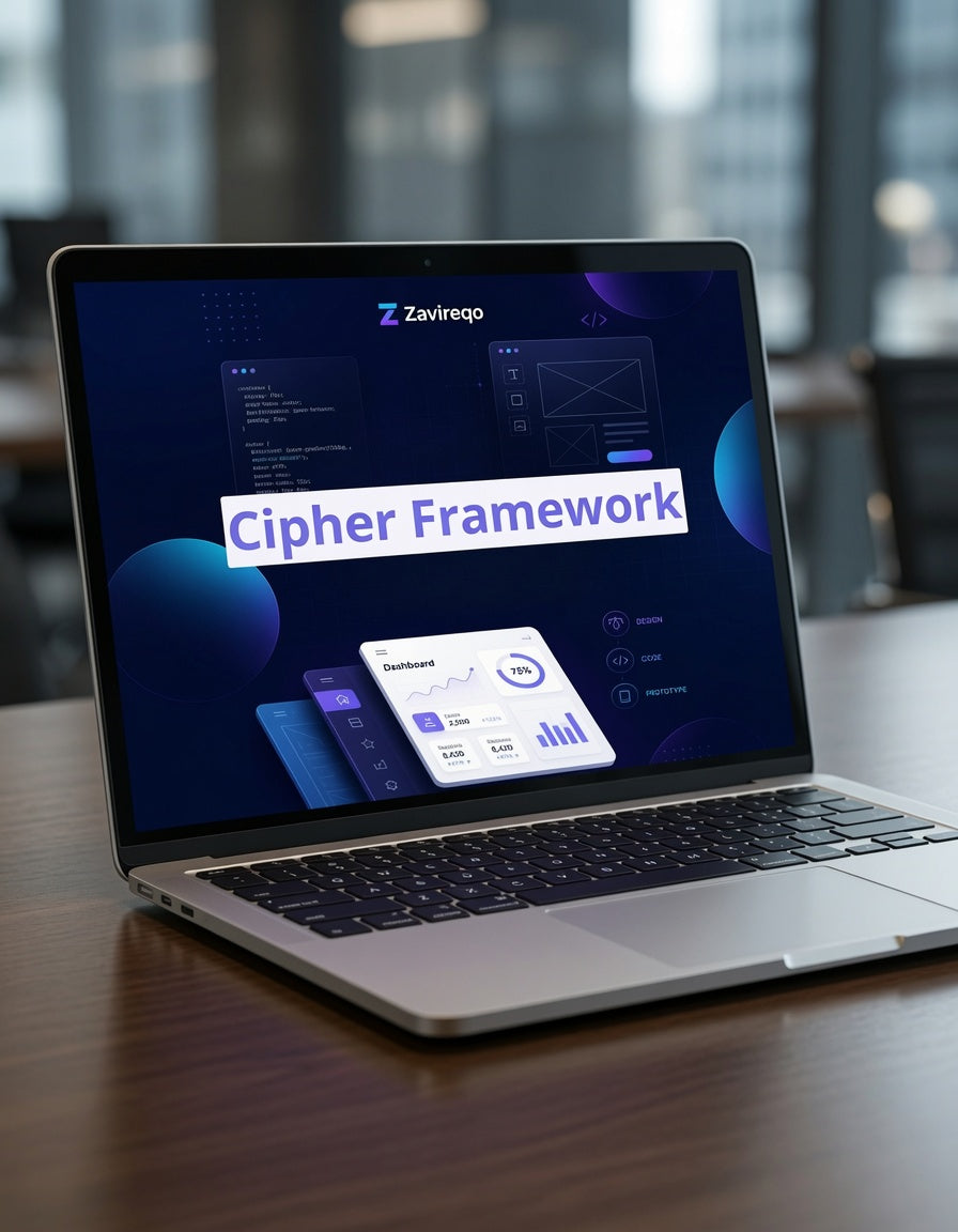 A silver laptop sits open on a wooden table in a blurred office-like environment, displaying a dark blue software interface with the text 'Zavievo' and 'Cipher Framework' on the screen.