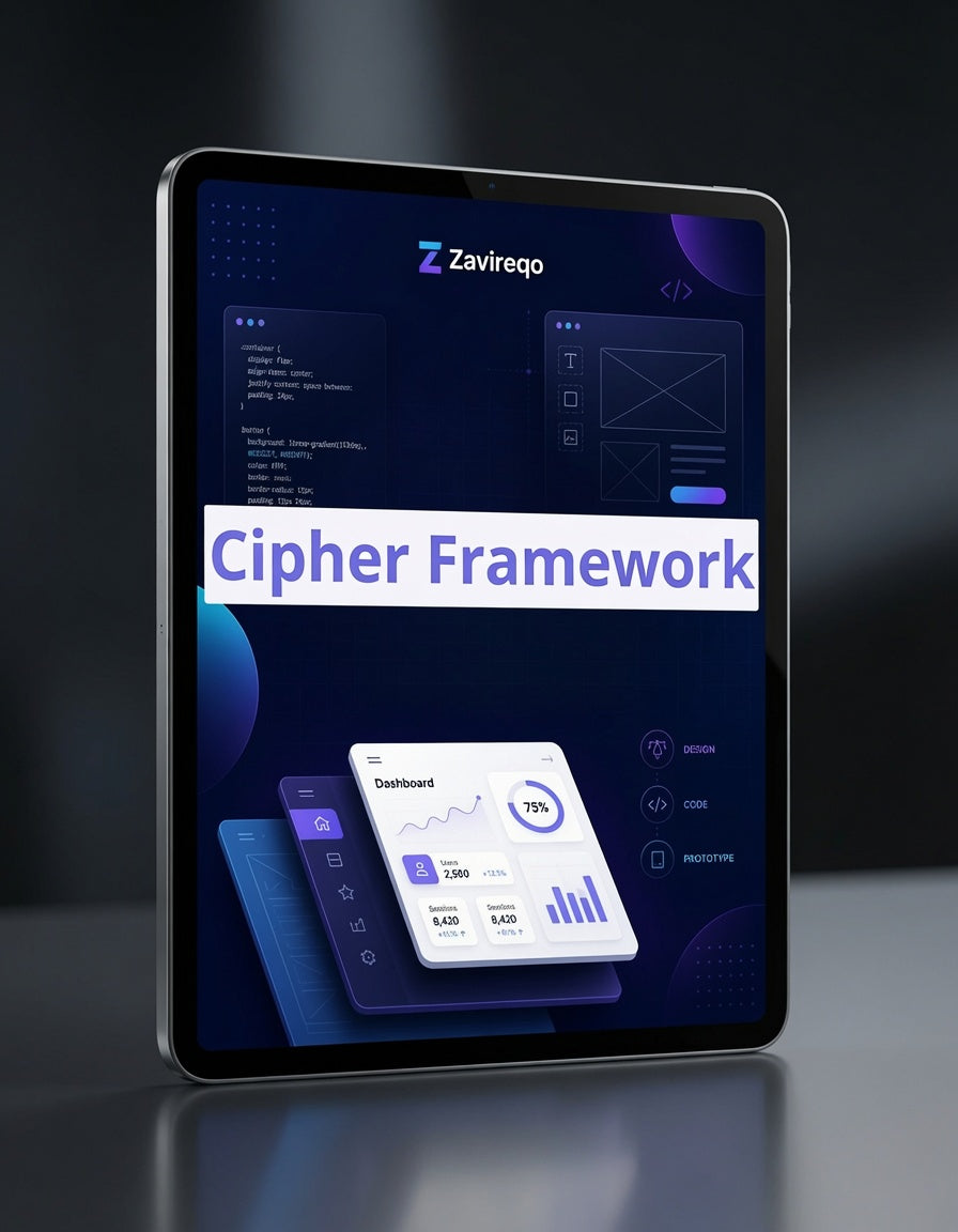 A tablet device shown at an angle on a dark reflective surface, displaying a digital interface with the text 'Zavireqo' and a large banner reading 'Cipher Framework'.