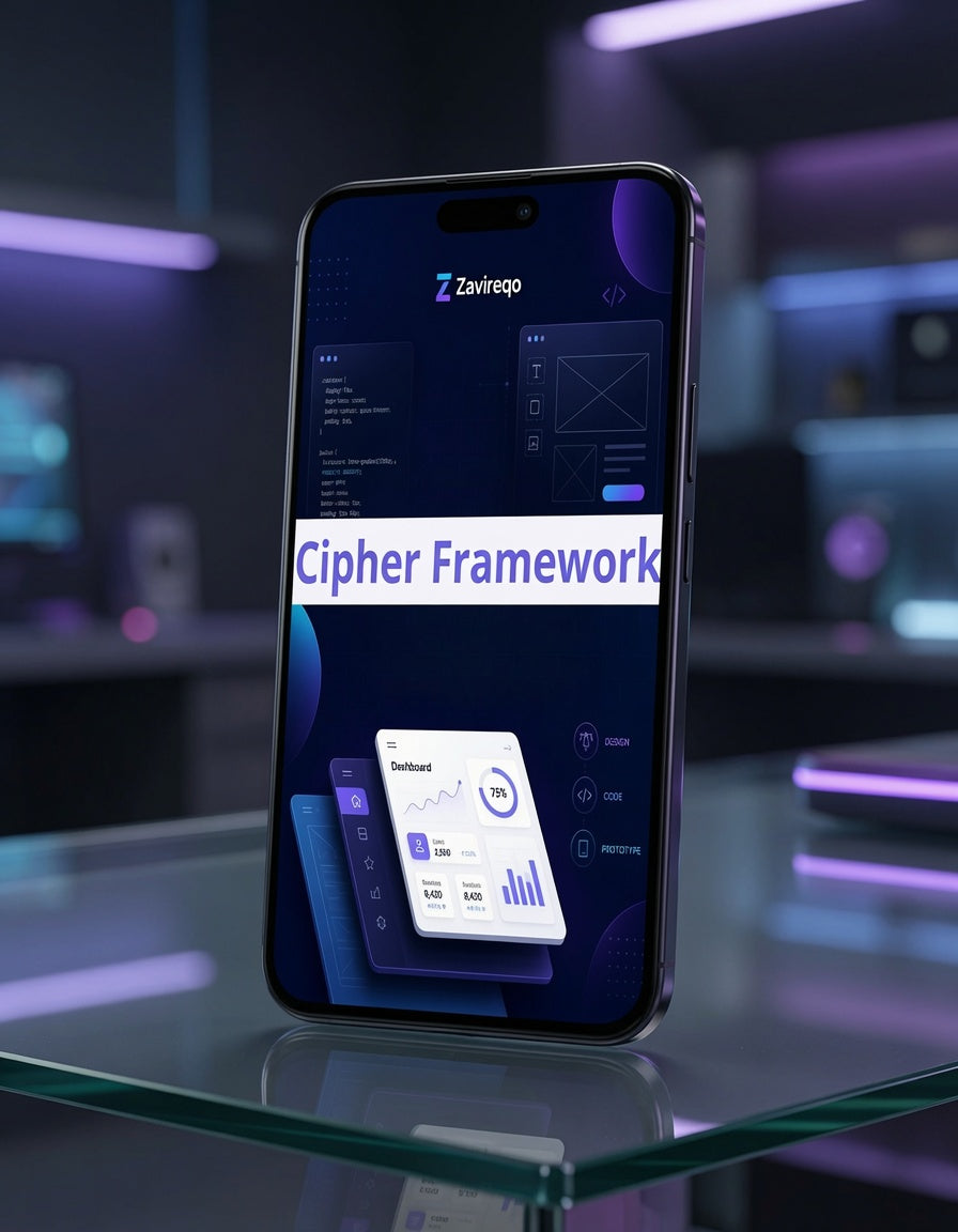 A smartphone displayed upright on a glass surface in a futuristic, dimly lit room with purple ambient lighting. The phone screen shows a dark dashboard interface with the text 'Zaviapp' and 'Cipher Framework' across the center.