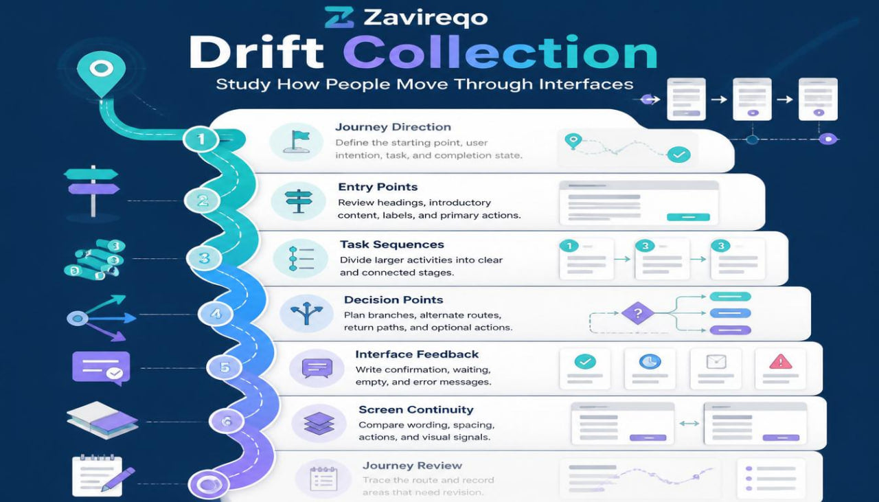 A digital infographic titled 'Zavrequo Drift Collection' explaining interface navigation and user journey mapping, featuring a central white panel with labeled sections and icons on a dark blue background.