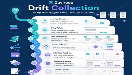 A digital infographic titled 'Zavrequo Drift Collection' explaining interface navigation and user journey mapping, featuring a central white panel with labeled sections and icons on a dark blue background.