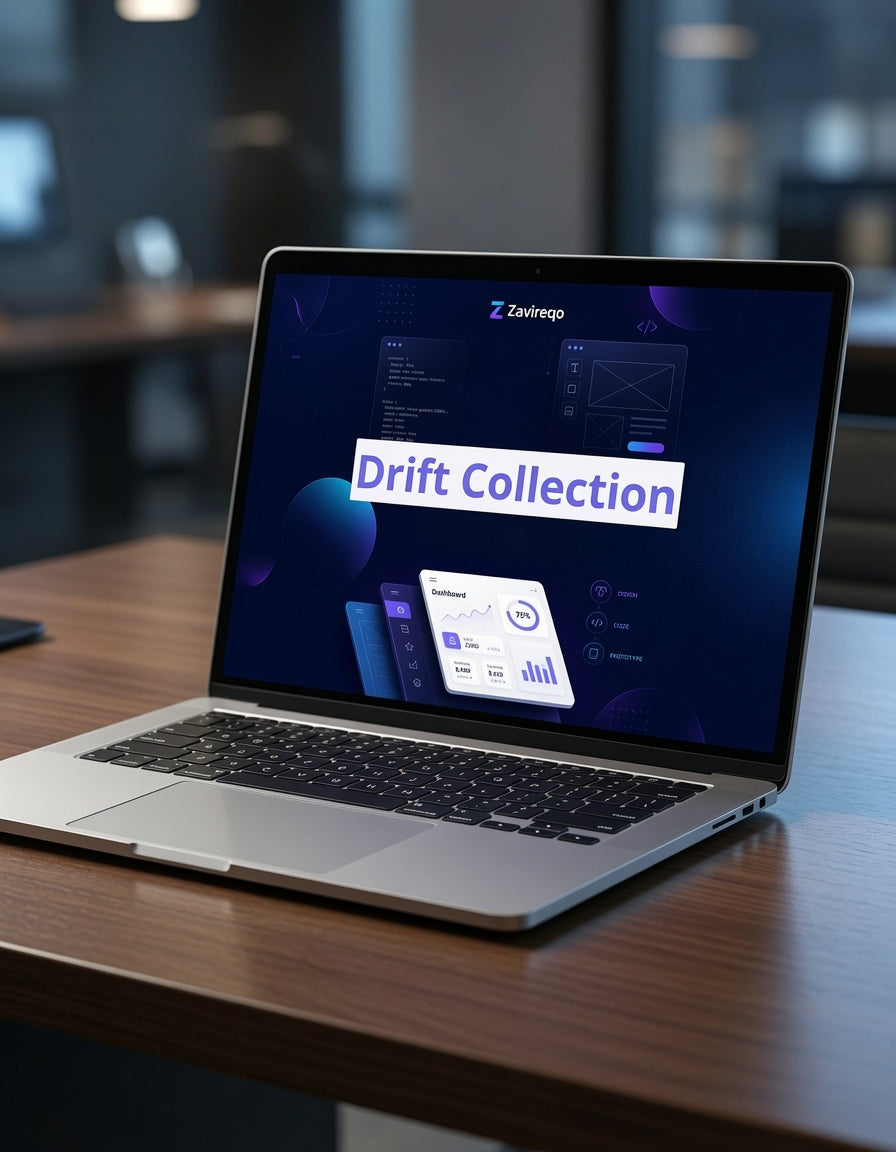 An open silver laptop sits on a wooden desk in a blurred office environment, displaying a software interface with the text 'Drift Collection' and a small 'Zavrepo' logo on the screen.