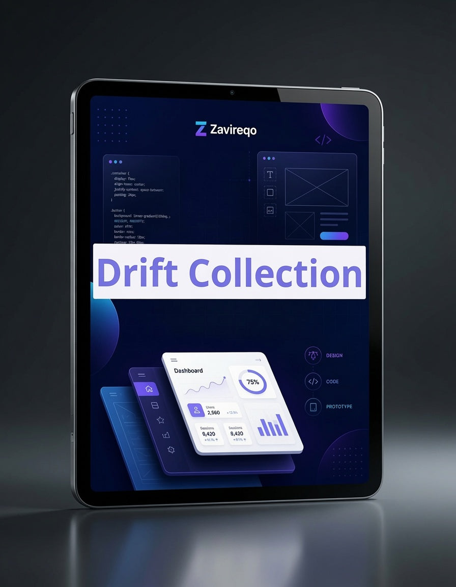 A tablet device displaying a software interface titled 'Drift Collection' under the brand name 'Zavireo', shown against a dark studio background.