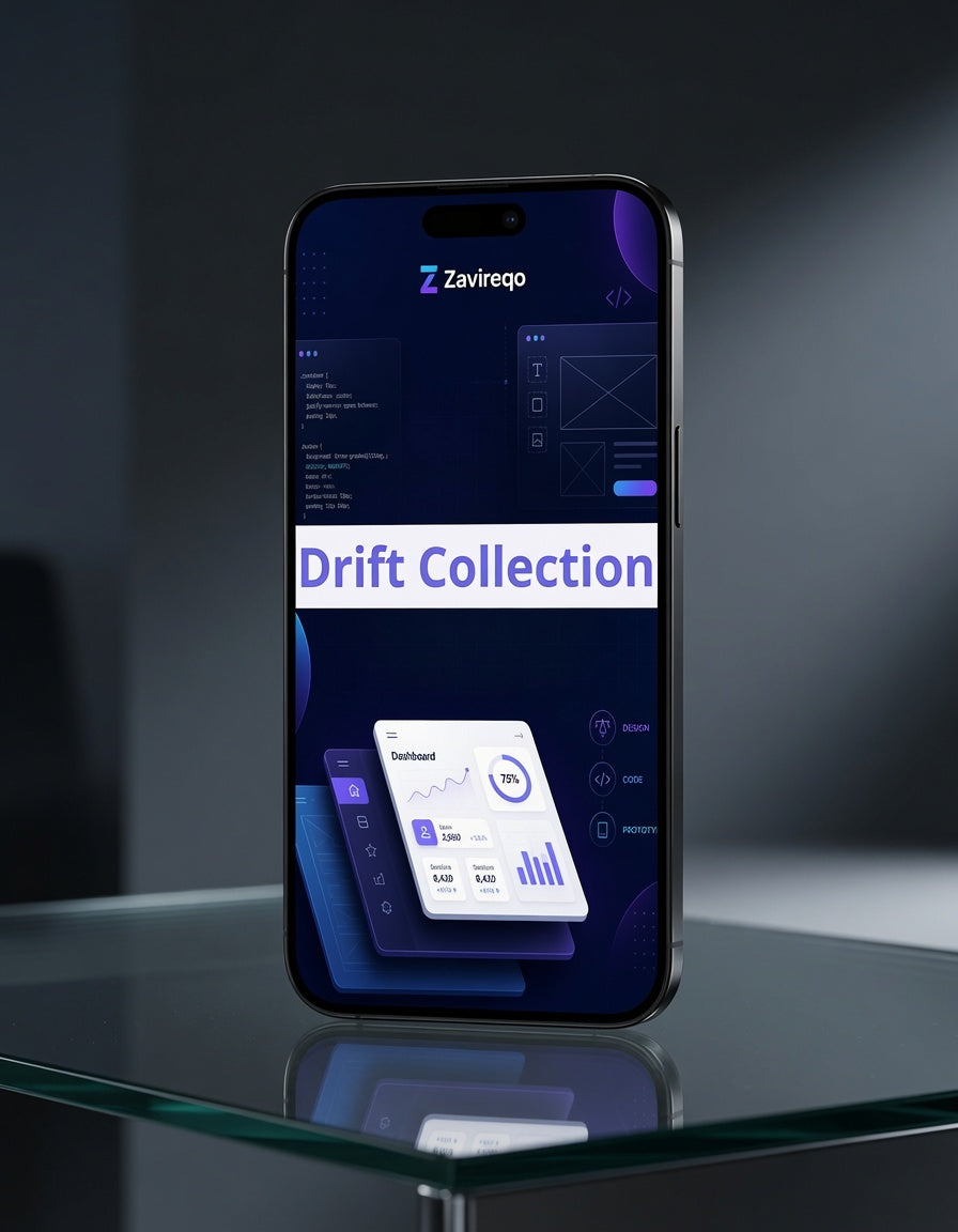 A smartphone displayed upright on a glass surface against a dark studio background, showing a digital dashboard interface with the text 'Drift Collection' and the brand name 'Zavireo' at the top.