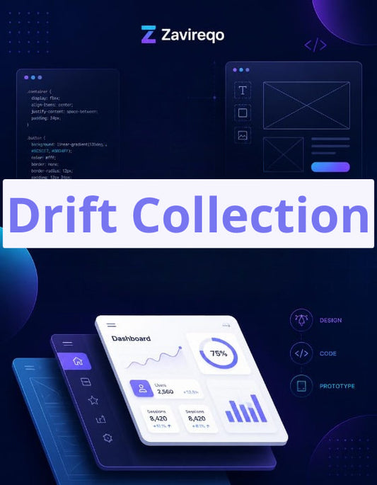 Promotional graphic for 'Drift Collection' by Zavireqo, featuring a white card displaying a dashboard with charts and graphs, layered over dark blue digital interface mockups and abstract shapes.