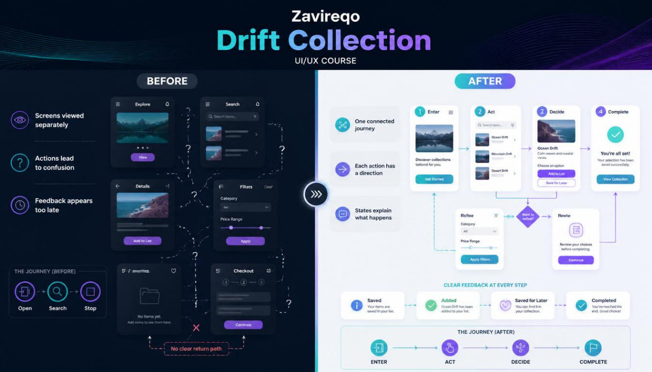 A digital course preview graphic titled 'Zavirego Drift Collection' showing a before-and-after comparison of UI flowcharts and workflow diagrams, likely for a Linux or automation course.
