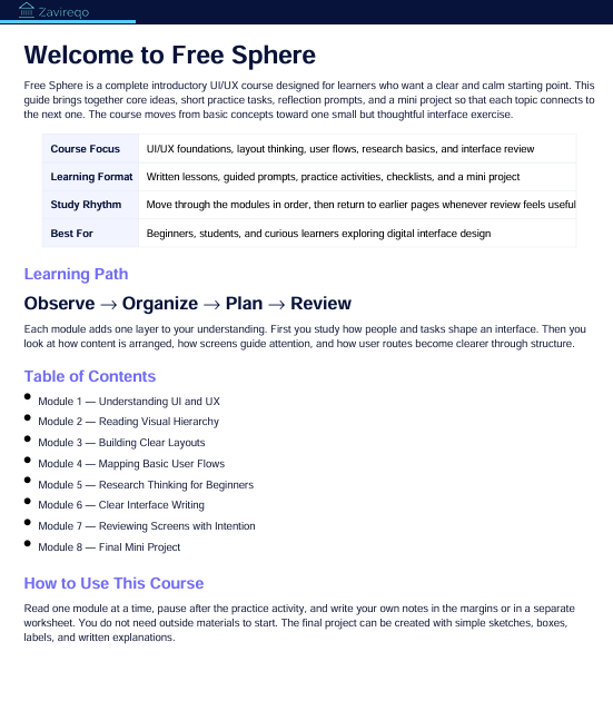A digital document cover page for a free Linux course titled 'Welcome to Free Sphere' by Zerverio, outlining course details, learning path, table of contents, and instructions on how to use the course.