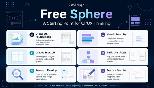 An infographic-style promotional graphic for a digital course titled 'Free Sphere' by Zavireqo, with the subtitle 'A Starting Point for UI/UX Thinking.' The design uses a dark navy background with white and purple text and multiple rounded white panels arranged in a grid, each containing icons and short lesson titles such as UI and UX Foundations, Visual Hierarchy, Layout Structure, Basic User Flows, Research Thinking, and Practice Exercise.