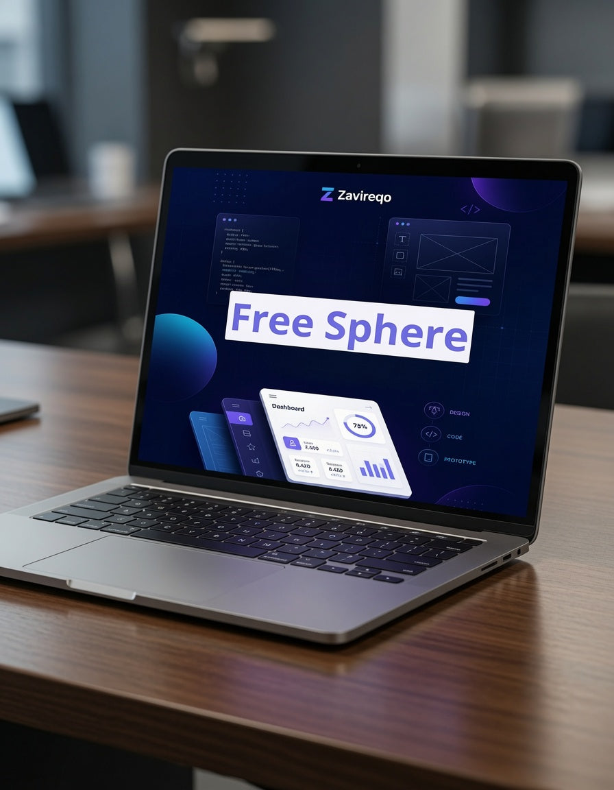 An open silver laptop sits on a wooden desk, displaying a digital dashboard interface with the text 'Free Sphere' and the Zaviqo logo on the screen.