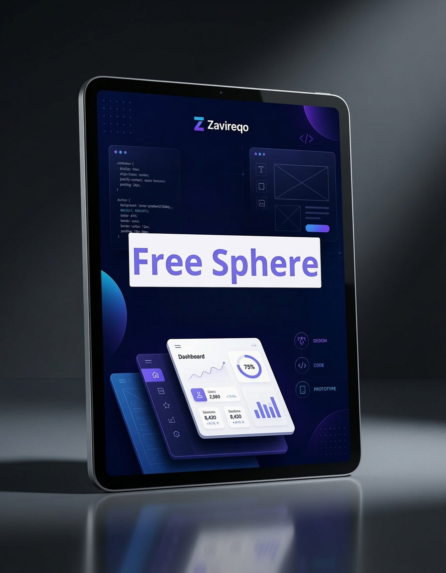 A tablet device shown at an angle on a dark reflective surface, displaying a software interface with the text 'Free Sphere' and dashboard cards. The tablet has a black bezel and appears to be a digital product mockup rather than a physical consumer good.