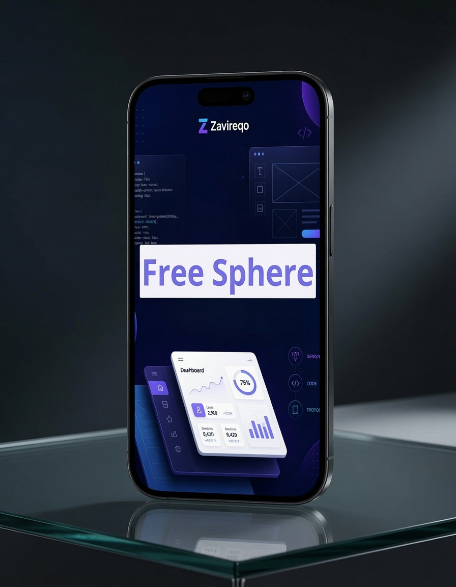 A smartphone displayed upright on a glass surface against a dark studio background. The phone screen shows a software interface with the text 'Free Sphere' prominently overlaid across the center.