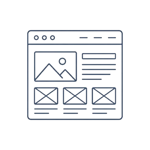 A minimalist black outline vector icon depicting a web browser window with a placeholder homepage layout, shown on a solid white background.
