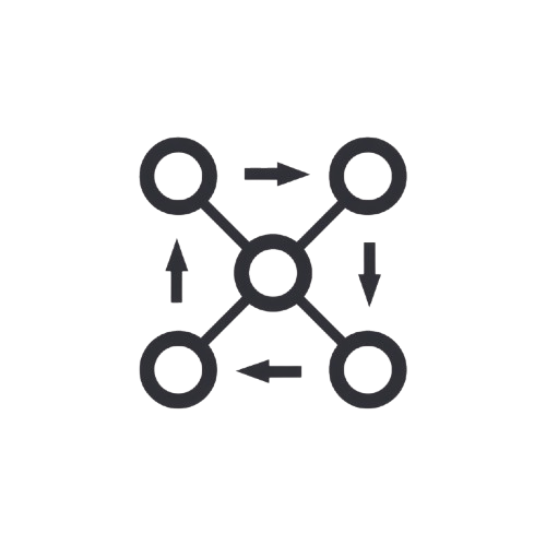 A minimalist black line icon depicting a network or flow diagram with a central node connected to four surrounding nodes via arrows, set against a solid white background.