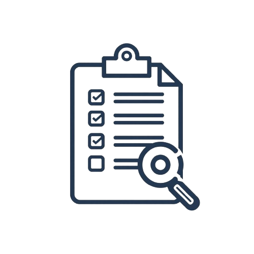 A dark blue outline icon of a clipboard with checked items and a magnifying glass on a plain white background.