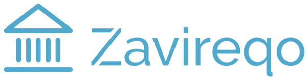 A light blue logo featuring a classical bank building icon on the left and the word 'Zavireqo' in a matching light blue font on a white background.
