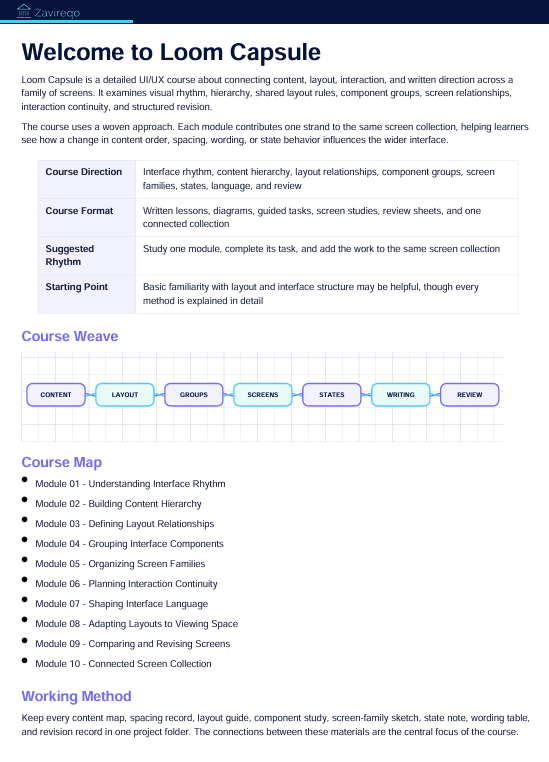 A digital document titled 'Welcome to Loom Capsule' with explanatory text about a Linux course and a course map table. The page is mostly white with black text and blue highlighted headings and tabs.