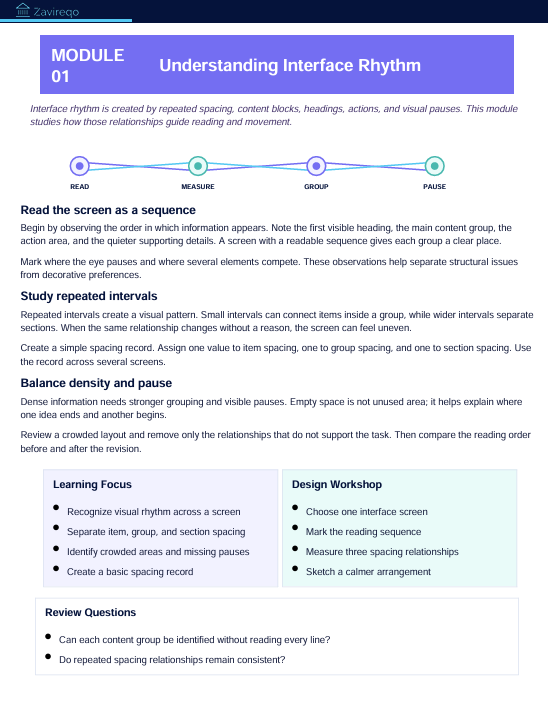 A digital document page titled 'MODULE 01 Understanding Interface Rhythm' with a purple header and sections explaining UI spacing, repeated intervals, learning focus, design workshop, and review questions.