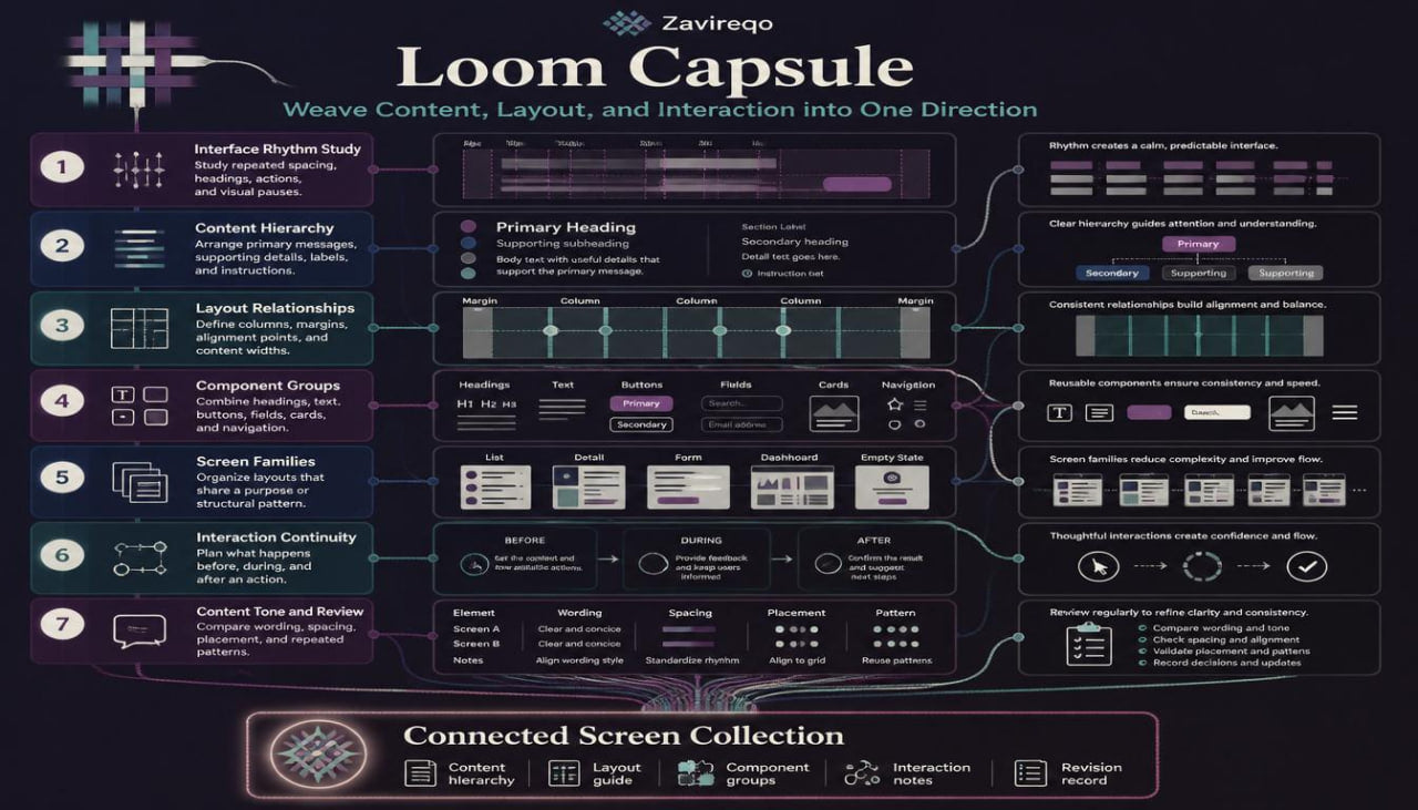 A dark-themed infographic titled 'Loom Capsule' with multiple numbered panels and UI-style diagrams explaining workflow or design concepts. The layout includes text, icons, and interface mockups on a black background.