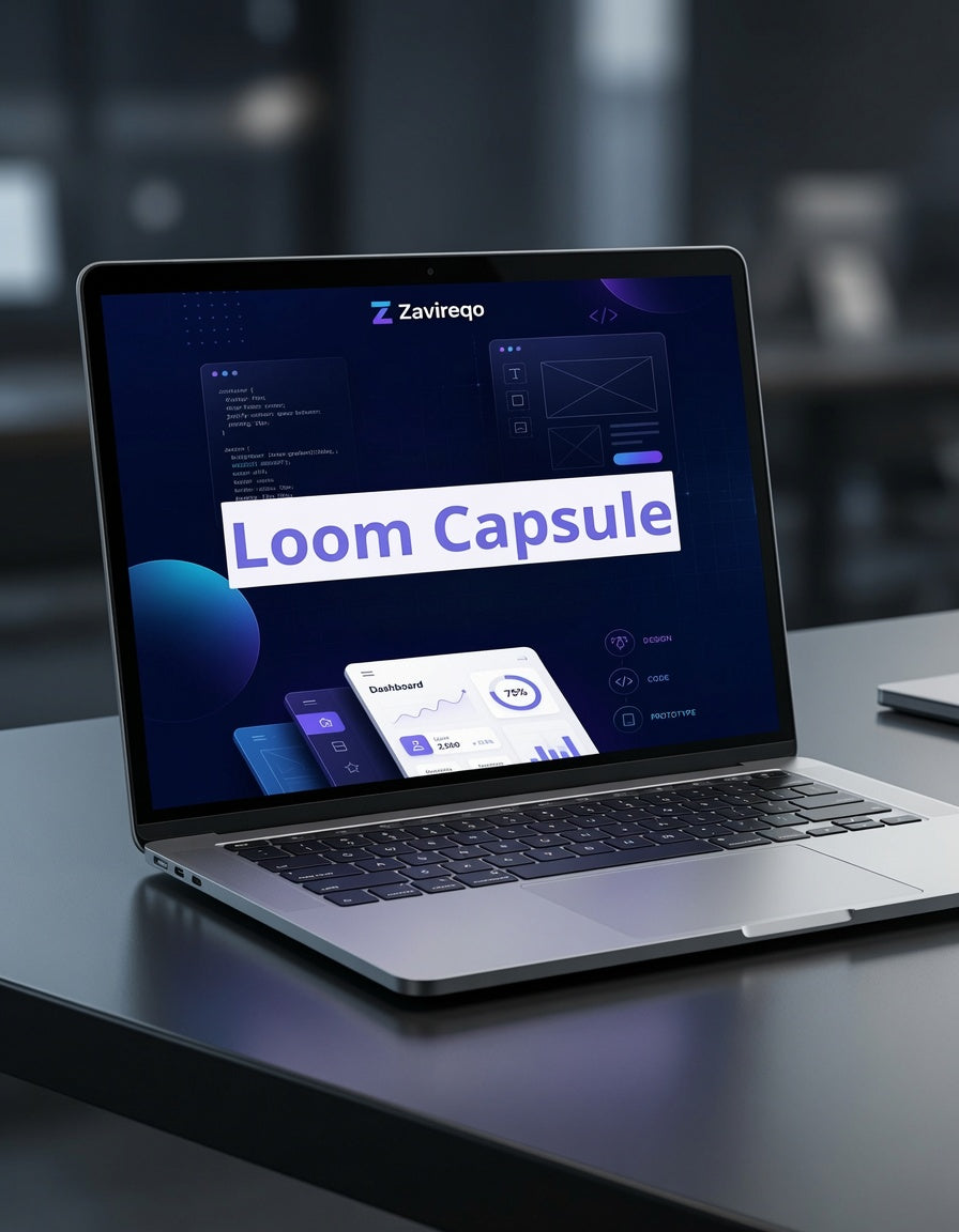 An open silver laptop on a dark desk displaying a software interface with the text 'Loom Capsule' and the 'Zavinego' brand name, set against a blurred office background.
