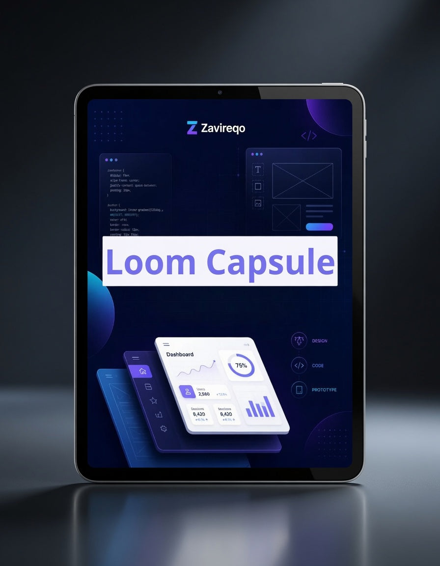 A tablet device shown from the front on a dark studio background, displaying a software interface with the text 'Loom Capsule' and a visible 'Zavirego' logo at the top of the screen.