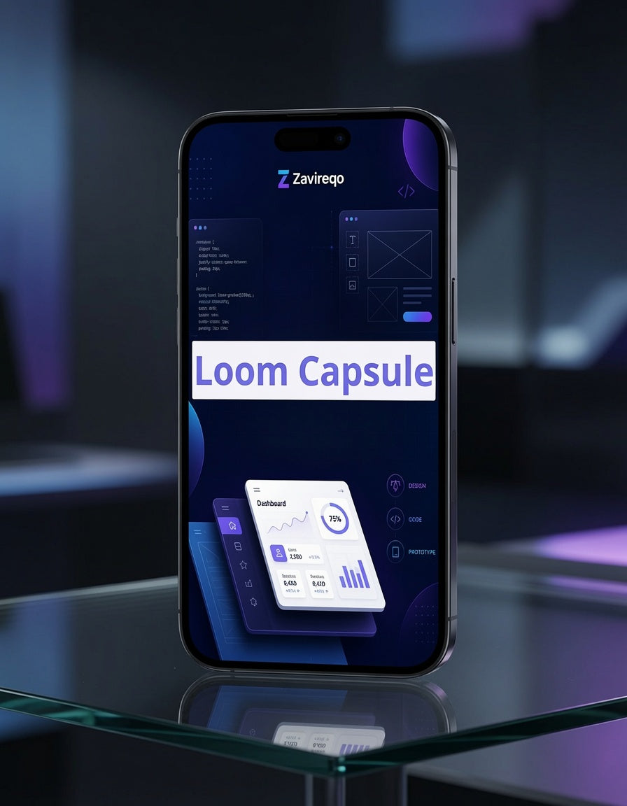 A smartphone displayed upright on a glass surface in a dark, moody setting. The phone screen shows a digital dashboard interface with the text 'Loom Capsule' and the brand name 'Zavirep' at the top.