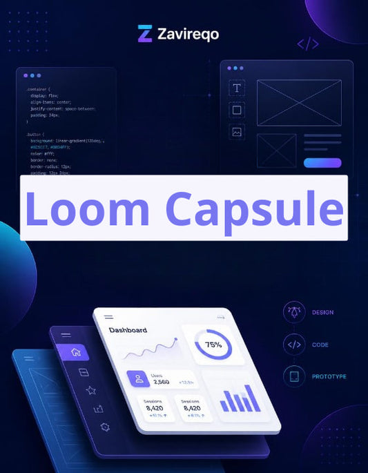 Promotional graphic for 'Loom Capsule' by Zavireqo, featuring a white capsule-like interface card with dashboard analytics on a dark blue and purple tech-themed background with code and design interface elements.