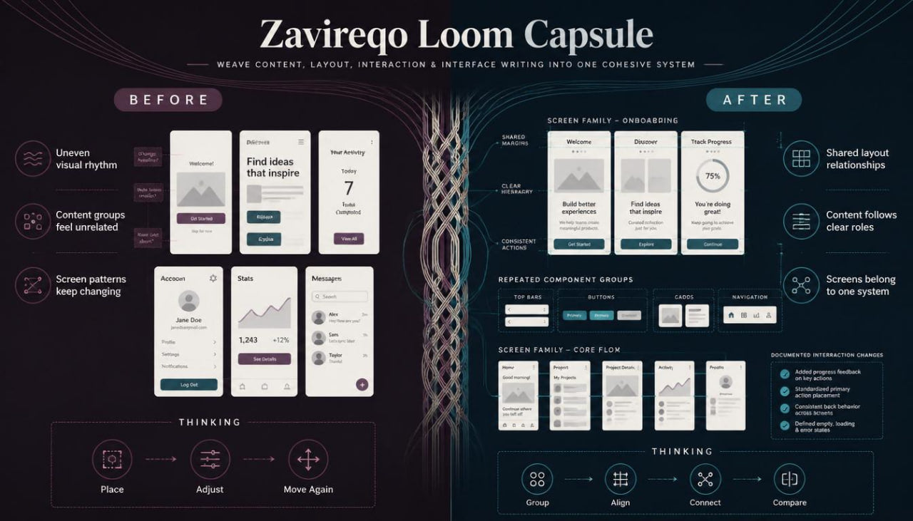 A promotional infographic for 'Zavireo Loom Capsule' showing a dark before-and-after comparison of UI design and workflow organization. The left side, labeled 'BEFORE', displays a messy, inconsistent mobile app interface with various screens and elements.