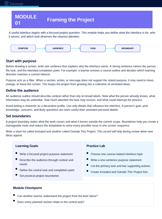 A digital screenshot of a document page titled 'Framing the Project' from a software interface, labeled 'Module 01'. The page features a purple header, white background, and blue and green text blocks outlining project interface concepts like purpose, audience, task, and boundary.
