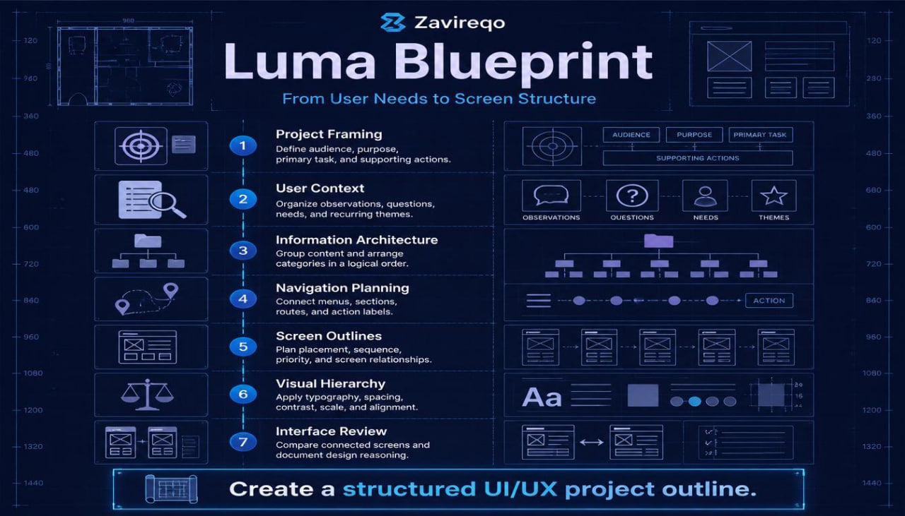 A dark blue digital infographic titled 'Luma Blueprint' by Zavreco, outlining a structured UI/UX project outline with icons, text steps, and screen layout diagrams.