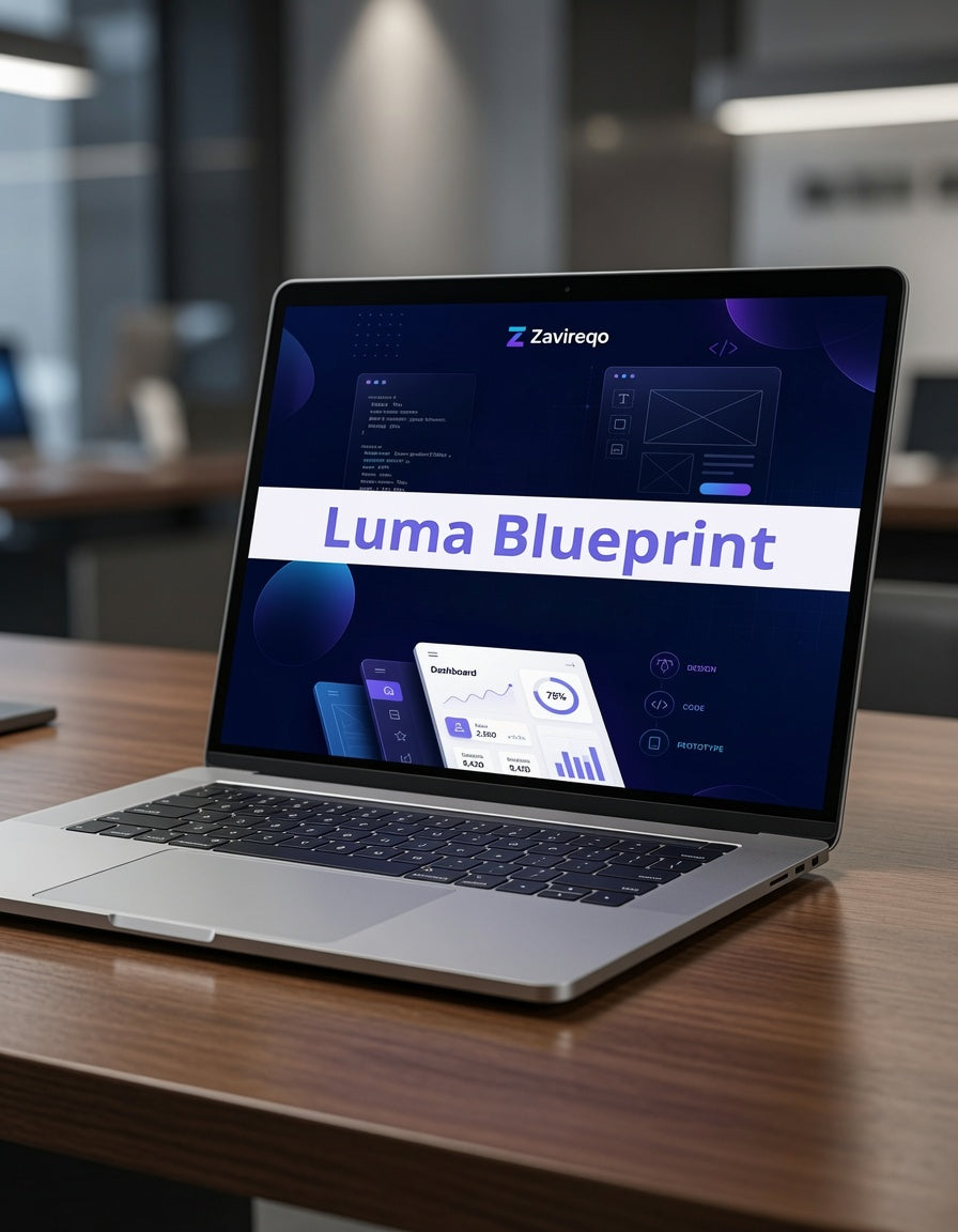 A silver laptop sits open on a wooden desk in a blurred office environment, displaying a digital interface with the text 'Luma Blueprint' and a small 'Zavteq' logo at the top.