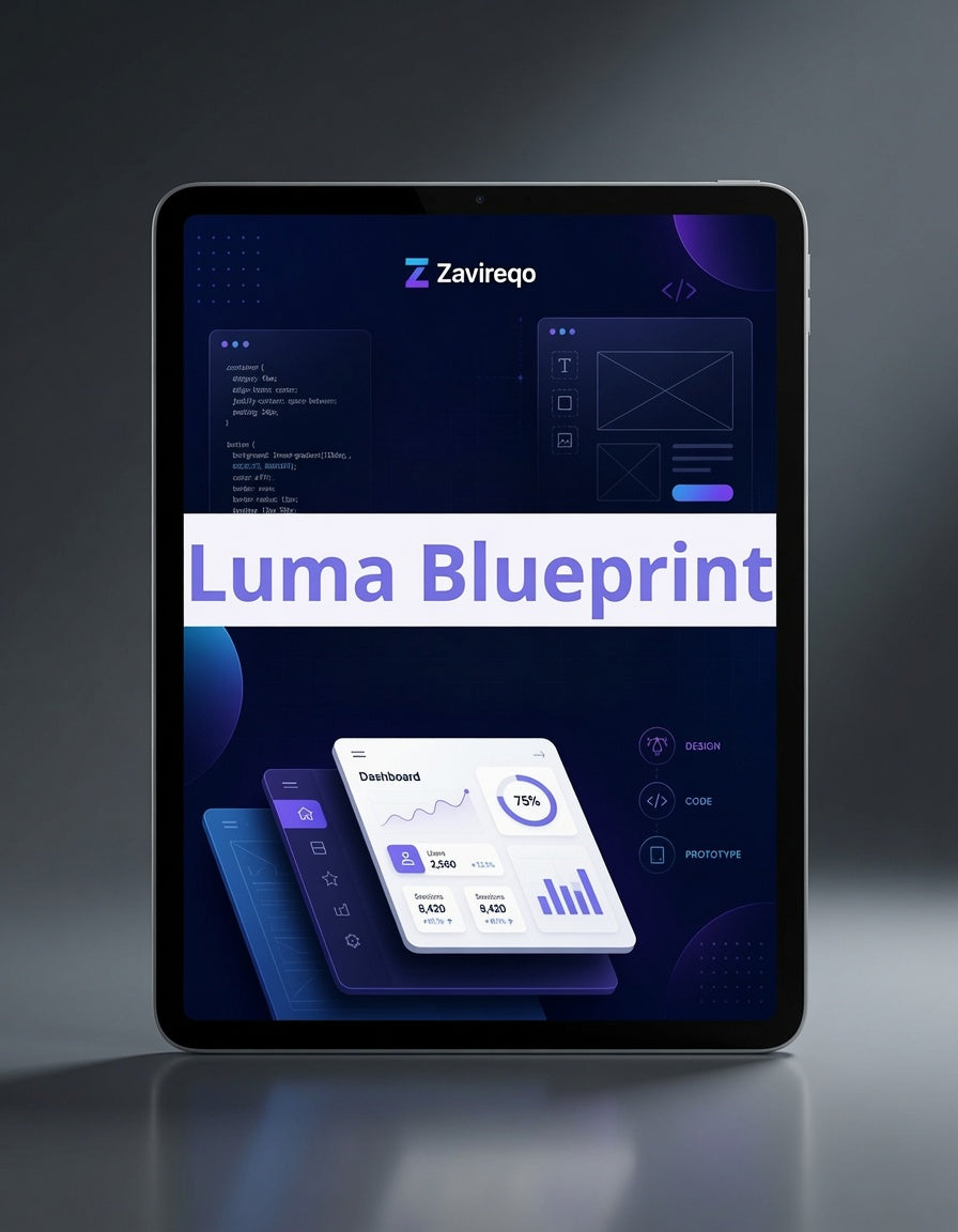 A tablet device shown upright on a dark gray reflective surface, displaying a software interface with the prominent text 'Luma Blueprint' and the Zavireo brand name.