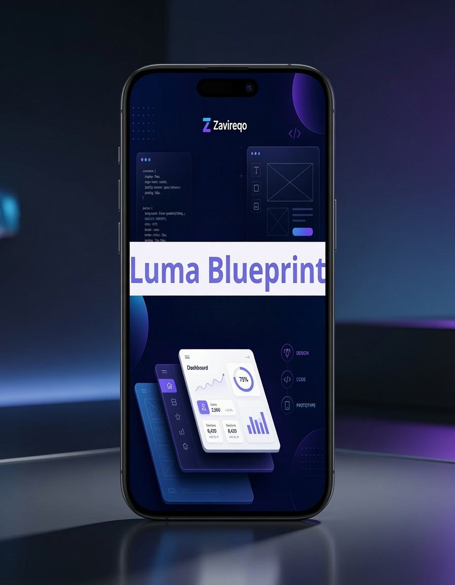 A smartphone centered on a dark reflective surface, displaying a software interface titled "Luma Blueprint" with UI panels, charts, and a dashboard mockup on the screen.