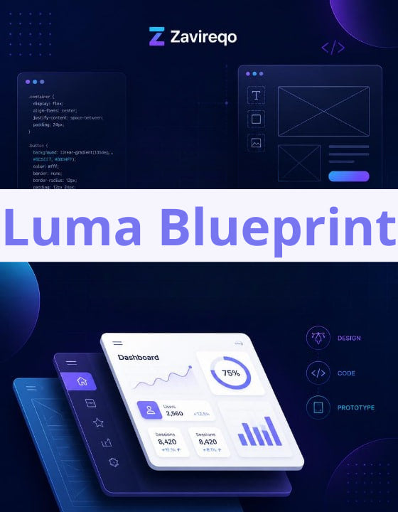 Promotional graphic for 'Luma Blueprint' by Zavireqo, featuring a dark navy and purple UI-themed background with code panels, interface mockups, and a floating white dashboard card displaying analytics.
