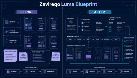 A digital infographic titled 'Zavireqo Luma Blueprint' comparing a 'BEFORE' process layout on the left with an 'AFTER' process layout on the right, presented in a dark navy blue and light purple theme.