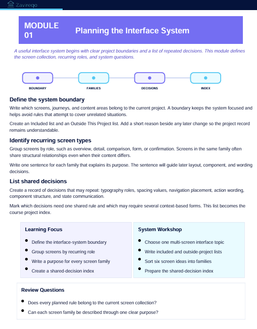 A digital document page titled 'Module 01 Planning the Interface System' with text sections, diagrams, and a light blue sidebar on a white background.