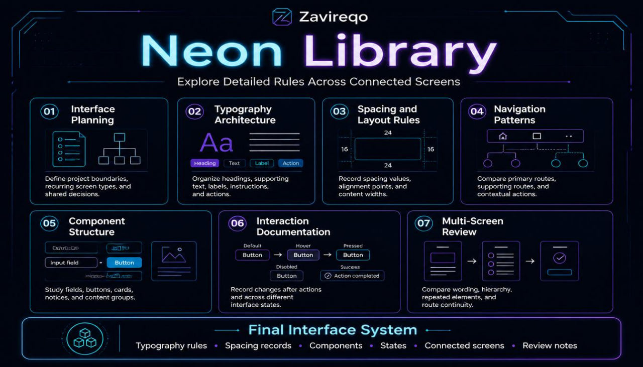 A dark navy and black infographic titled 'Neon Library' by Zavireo, showing seven numbered sections with icons and short descriptions for interface planning, typography architecture, spacing and layout rules, navigation patterns, component structure, interaction documentation, and multi-screen review.